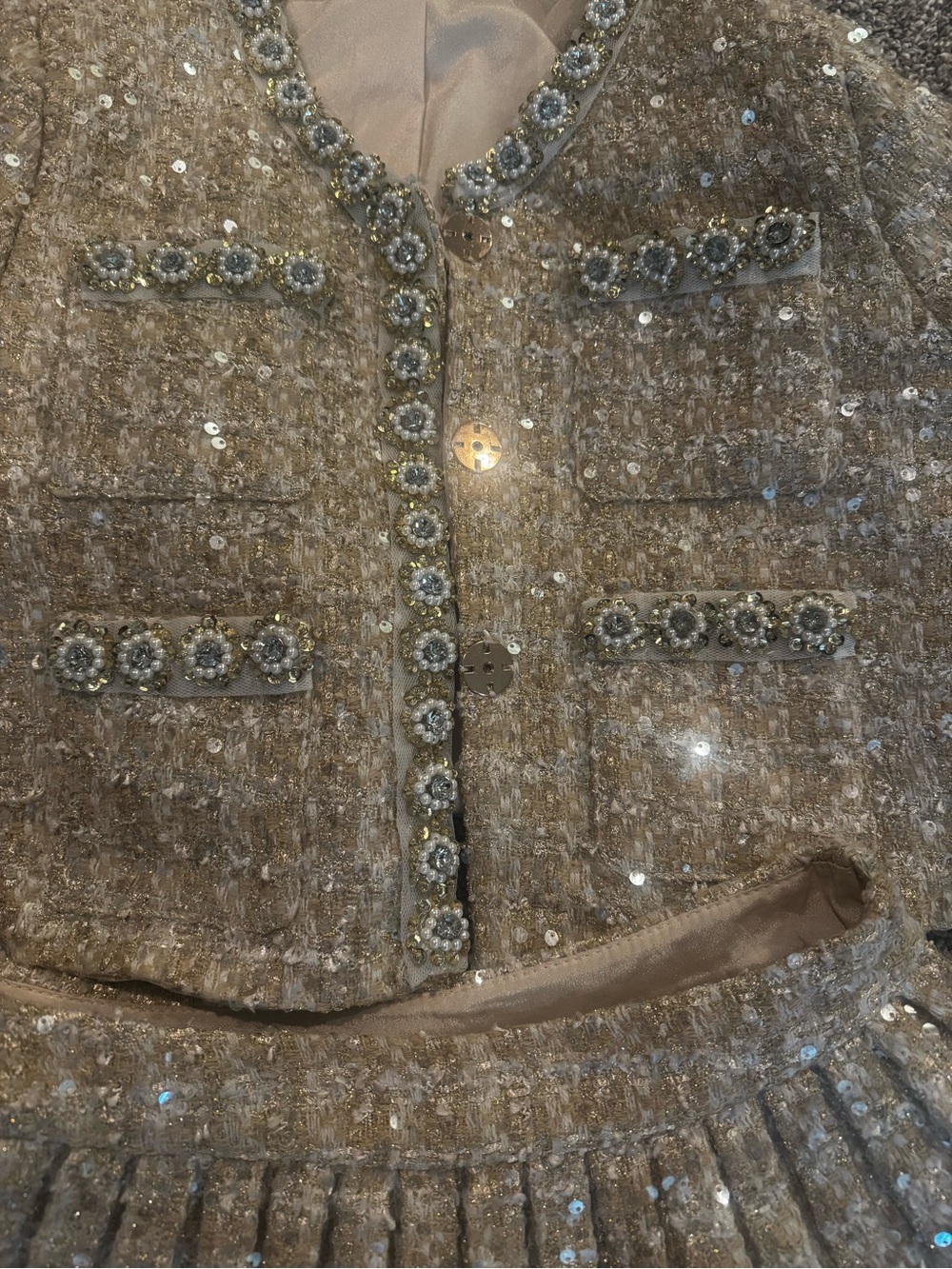 Gold Tweed Pleated Skirt Set – Cropped Jacket & Skirt - Picture 4 of 4